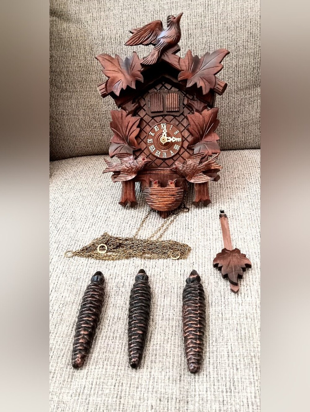 Vintage Carved Wooden Cuckoo Clock with Pinecone Weights - Brown